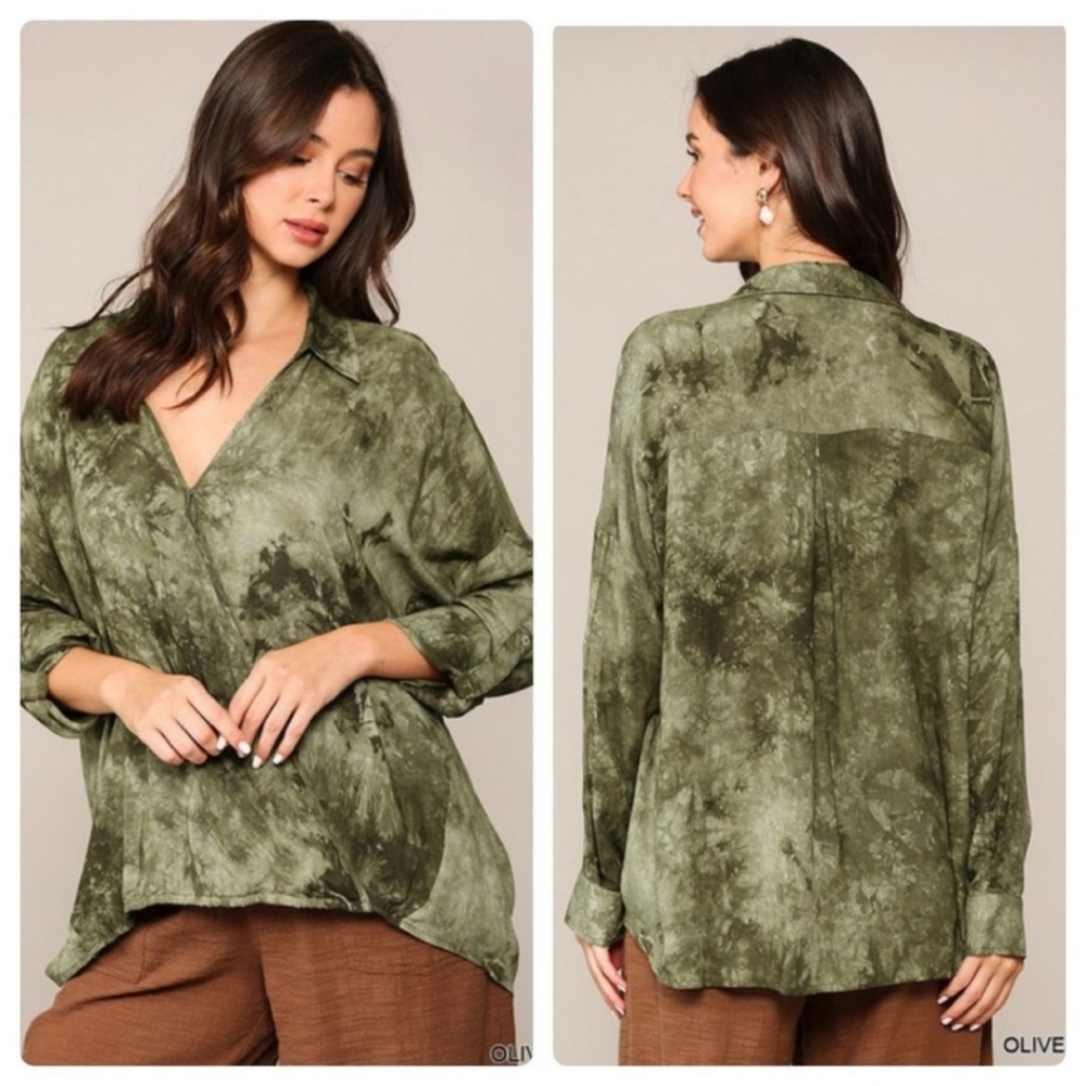 🔥$5🔥OLIVE TIE-DYE TOP/BLOUSE -NEW. SIZE -SMALL - Picture 2 of 6